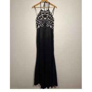 Vintage Y2K‎ Masquerade Embroidered Halter Gown Women 7/8 Black Cream 7890094